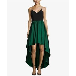 Betsy & Adam V Neck High Low Maxi Dress Formal Gown Emerald Green & Black 10